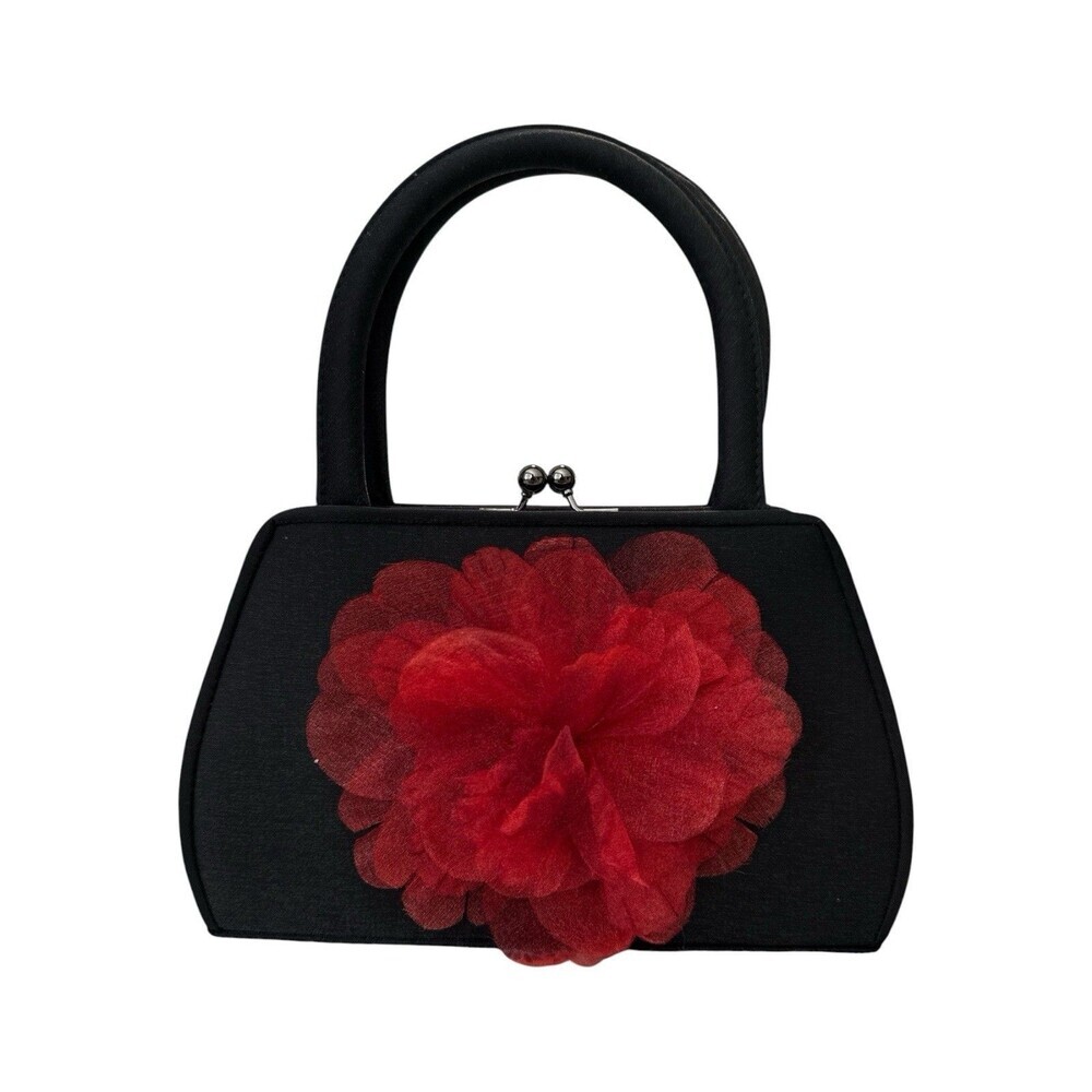 Julie Feldman Black Satin Evening Bag Red Floral Kiss Lock Chain Strap